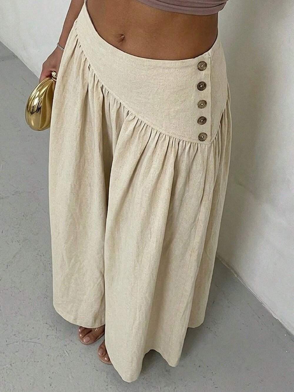 Apricot Casual Minimalist Women's Woven Asymmetrical Waist Wide Leg Pants - Picture 6 of 6